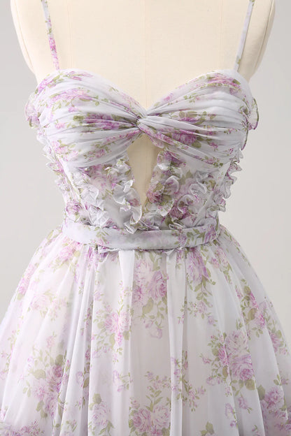 omberprom A Line Homecoming Dress Cute Lilac Cut Out Tiered Print Floral with Ruffles