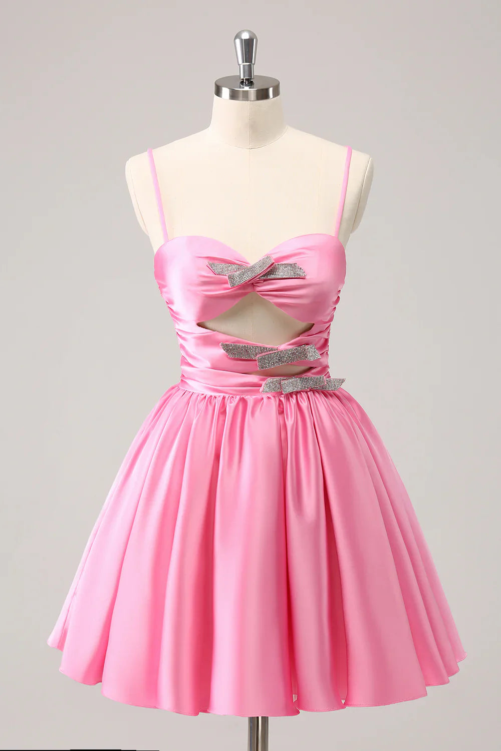 omberprom A Line Homecoming Dress Sparkly Cute Pink Spaghetti Straps Cut Out with Sequins