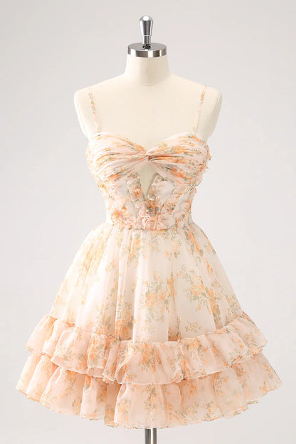 omberprom A Line Homecoming Dress Cute Yellow Cut Out Tiered Print Floral with Ruffles