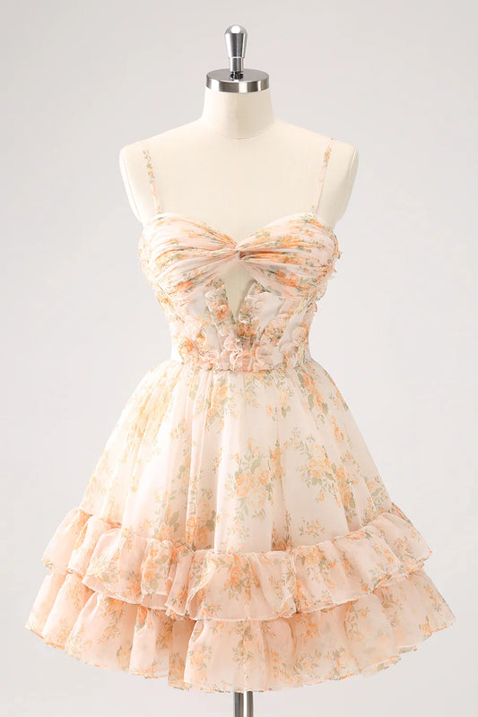 omberprom A Line Homecoming Dress Cute Yellow Cut Out Tiered Print Floral with Ruffles