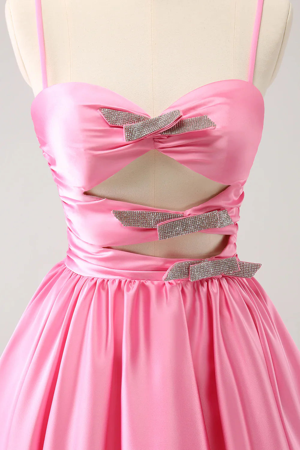 omberprom A Line Homecoming Dress Sparkly Cute Pink Spaghetti Straps Cut Out with Sequins