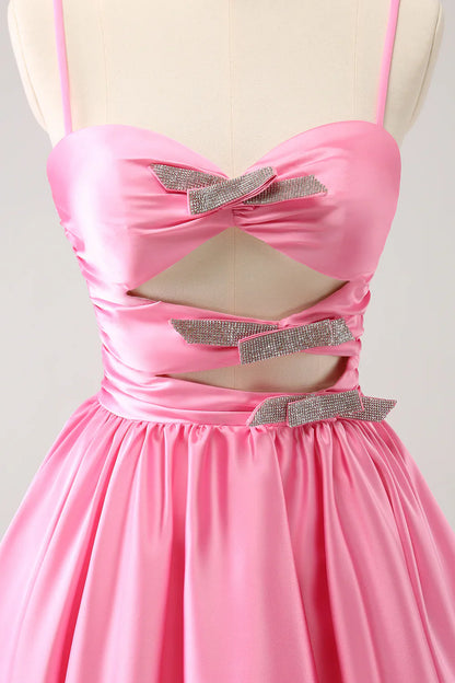 omberprom A Line Homecoming Dress Sparkly Cute Pink Spaghetti Straps Cut Out with Sequins