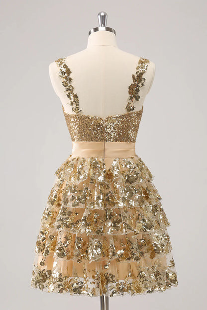 omberprom A Line Short Homecoming Dress Sparkly Golden Corset Tiered with Flower