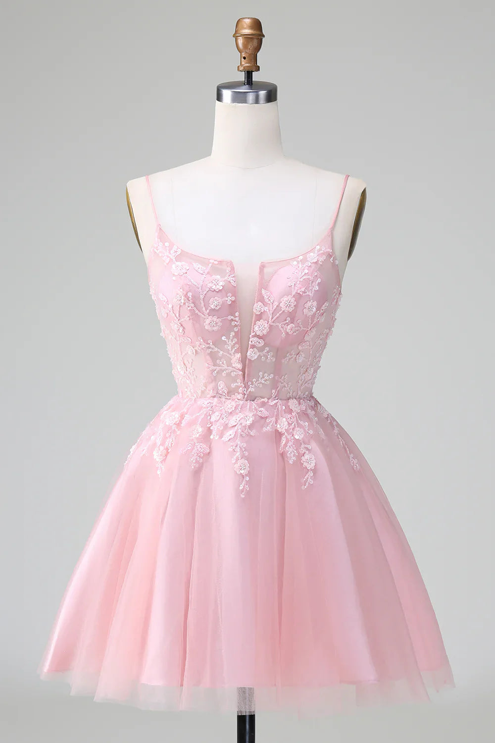 omberprom Short Homecoming Dress Cute Blush A Line Spaghetti Straps Corset with Appliques