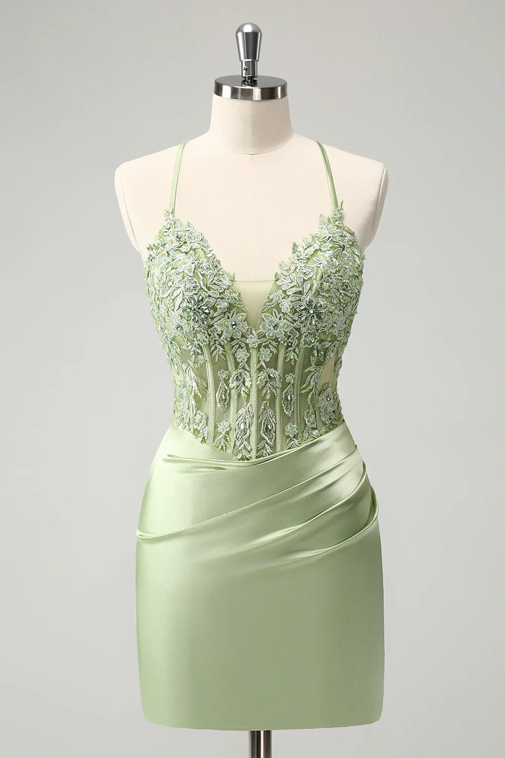 omberprom Stylish Green Homecoming Dress Sheath Criss Cross Back Corset Short with Appliques