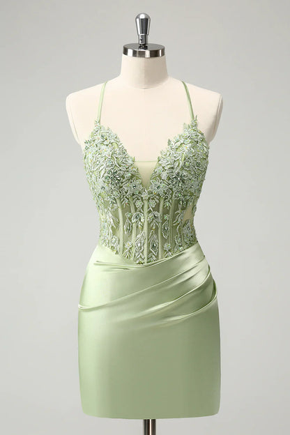 omberprom Stylish Green Homecoming Dress Sheath Criss Cross Back Corset Short with Appliques