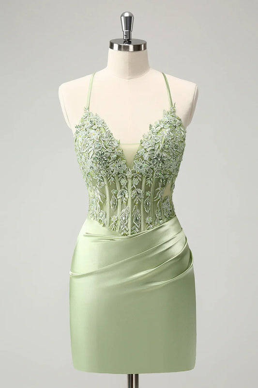 omberprom Stylish Green Homecoming Dress Sheath Criss Cross Back Corset Short with Appliques