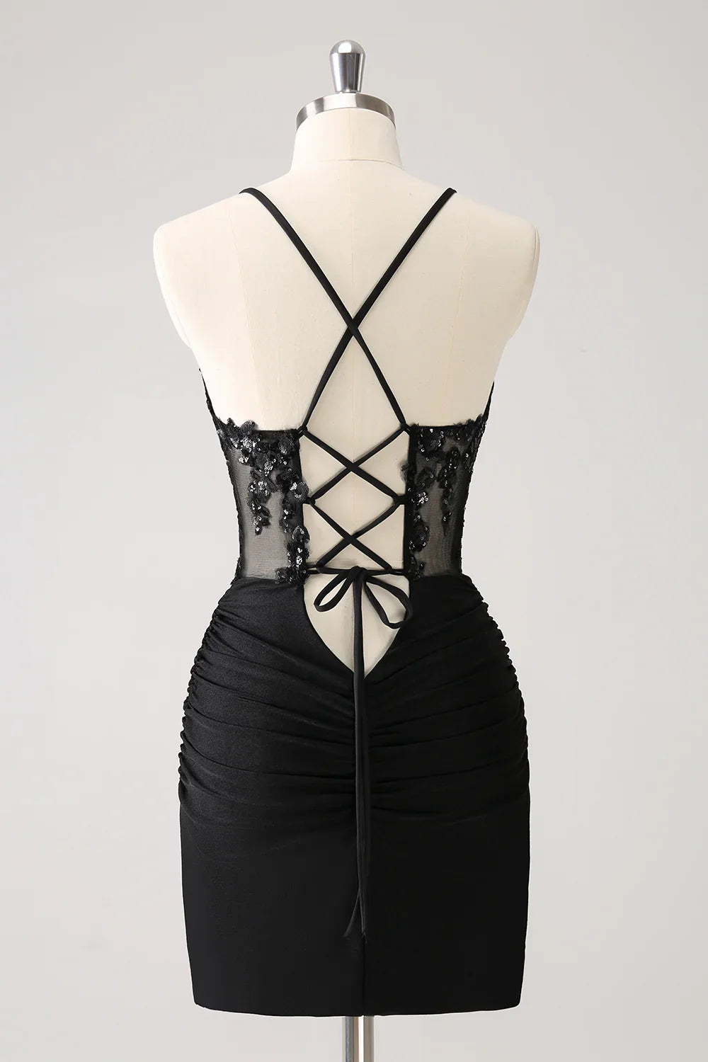 omberprom Homecoming Dress Sparkly Unique Black Tight Spaghetti Straps Sequin with Lace Up Back