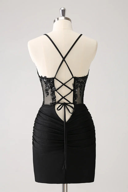 omberprom Homecoming Dress Sparkly Unique Black Tight Spaghetti Straps Sequin with Lace Up Back