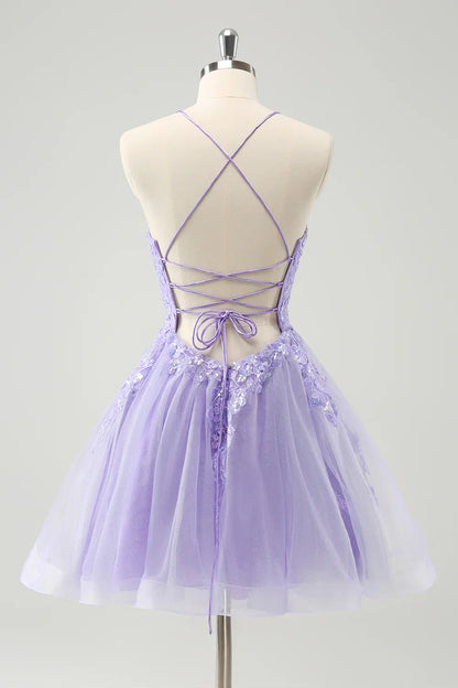 omberprom A Line Homecoming Dress Sparkly Lilac Spaghetti Straps with Lace Up Back Sequin