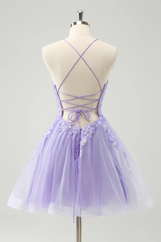 omberprom A Line Homecoming Dress Sparkly Lilac Spaghetti Straps with Lace Up Back Sequin