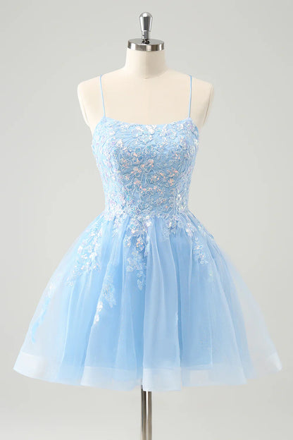 omberprom A Line Homecoming Dress Sparkly Lilac Spaghetti Straps with Lace Up Back Sequin