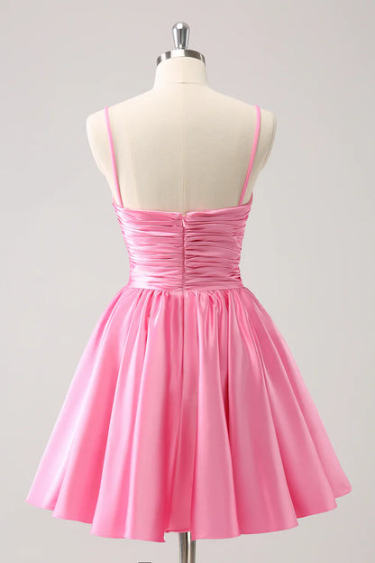 omberprom A Line Homecoming Dress Sparkly Cute Pink Spaghetti Straps Cut Out with Sequins
