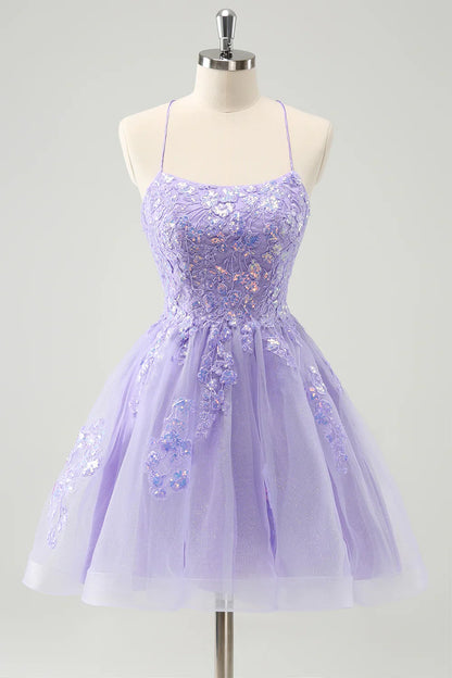 omberprom A Line Homecoming Dress Sparkly Lilac Spaghetti Straps with Lace Up Back Sequin