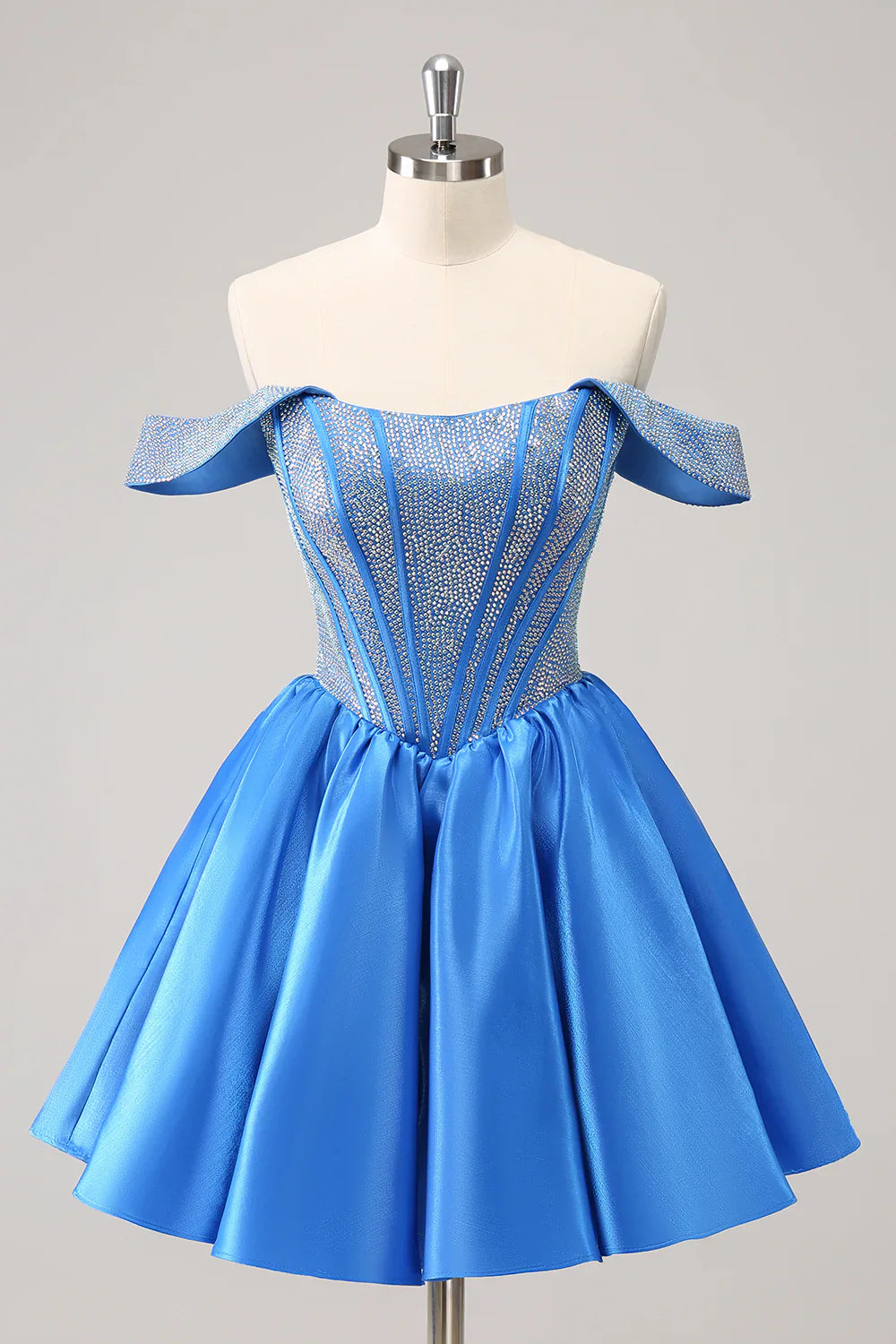 omberprom Homecoming Dress Cute Blue A Line Off The Shoulder Corset with Beading Graduation Dress