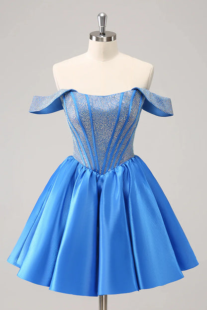omberprom Homecoming Dress Cute Blue A Line Off The Shoulder Corset with Beading Graduation Dress