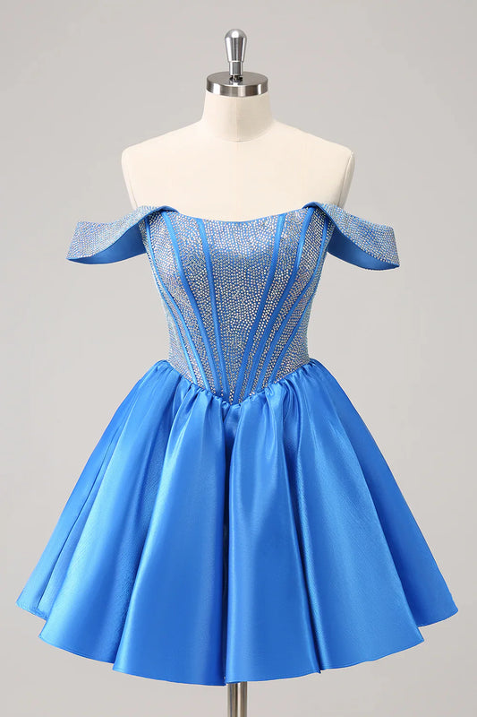 omberprom Homecoming Dress Cute Blue A Line Off The Shoulder Corset with Beading Graduation Dress