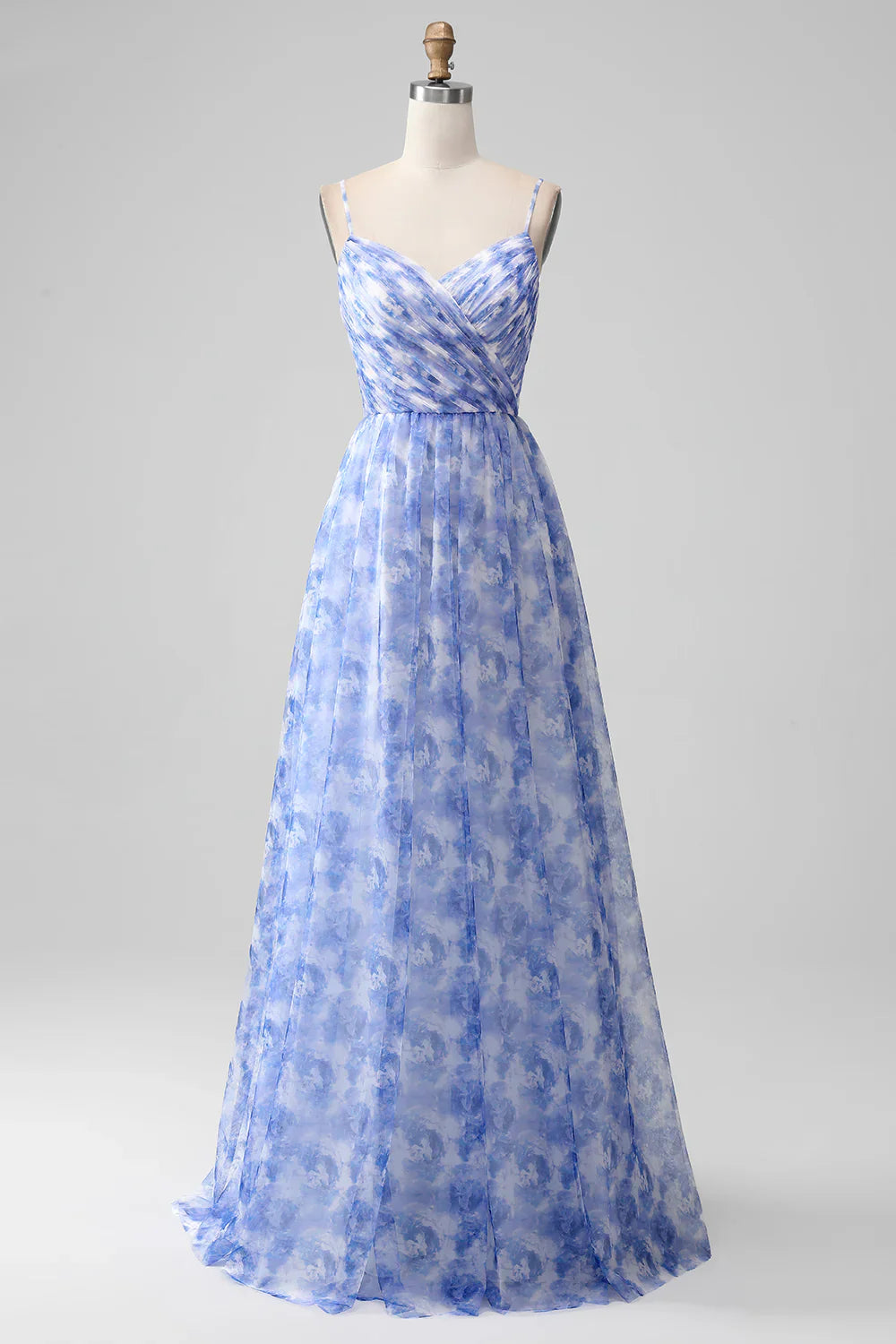 omberprom Blue A-Line Prom Dresses Spaghetti Straps Floral Print Pleated Maxi Dress