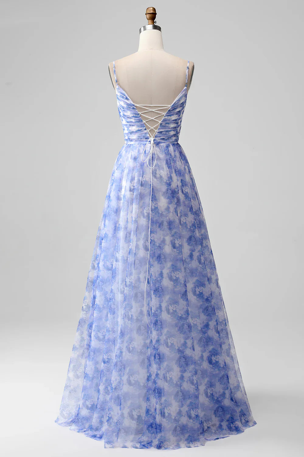 omberprom Blue A-Line Prom Dresses Spaghetti Straps Floral Print Pleated Maxi Dress