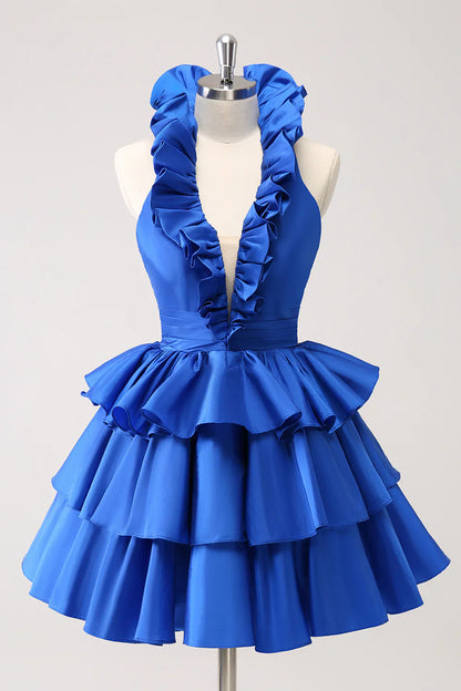 omberprom Cute Homecoming Dress Royal Blue A Line Halter Tiered Backless with Ruffles