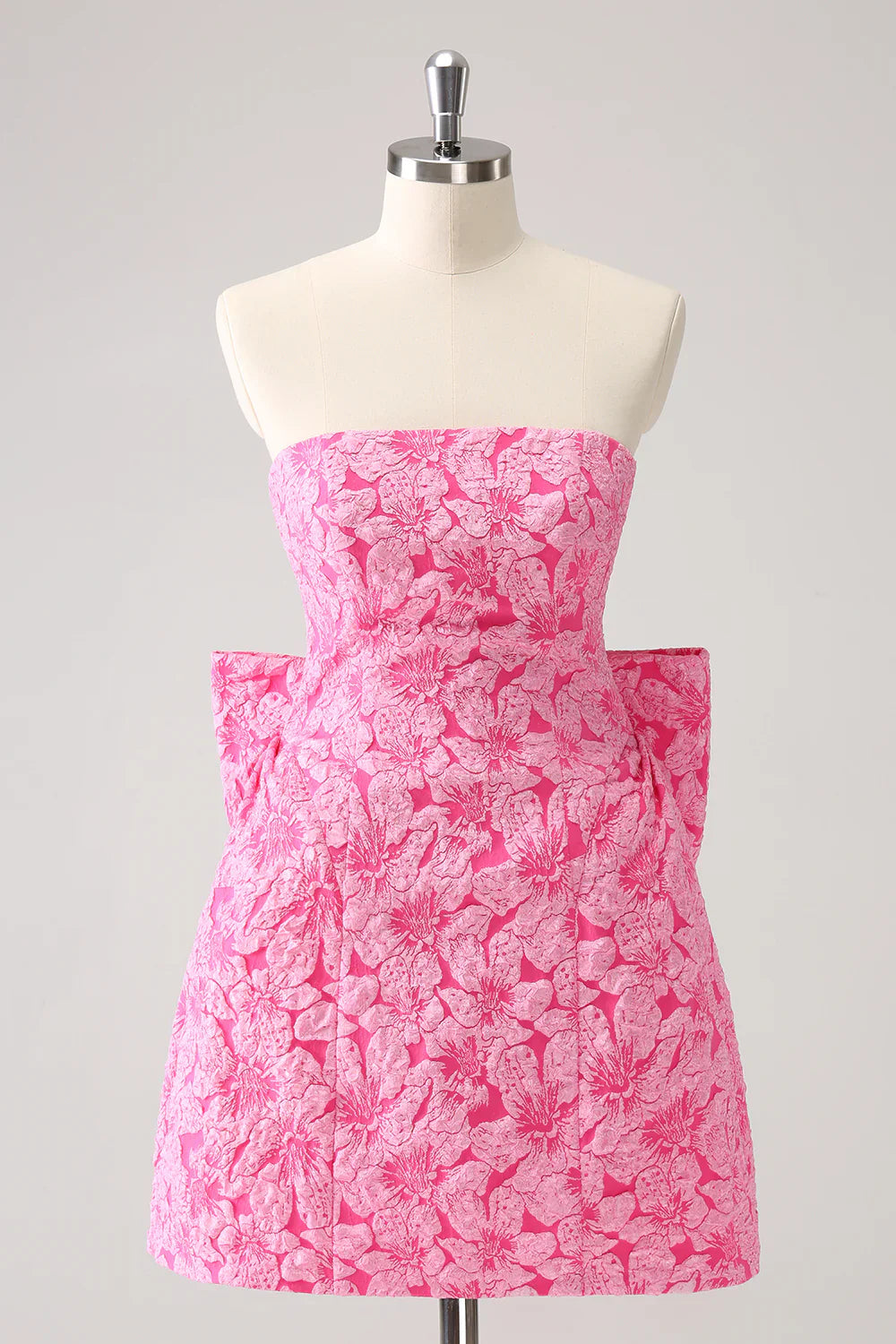omberprom Cute Hot Pink Short Homecoming Dress A Line Strapless Print with Bow