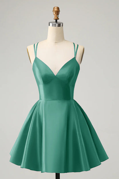 omberprom A Line Homecoming Dress Spaghetti Straps Backless Graduation Dress Simple Party Dress