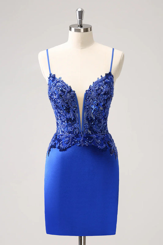 omberprom Short Homecoming Dress Royal Blue Tight Ruched Lace Up Back with Beading