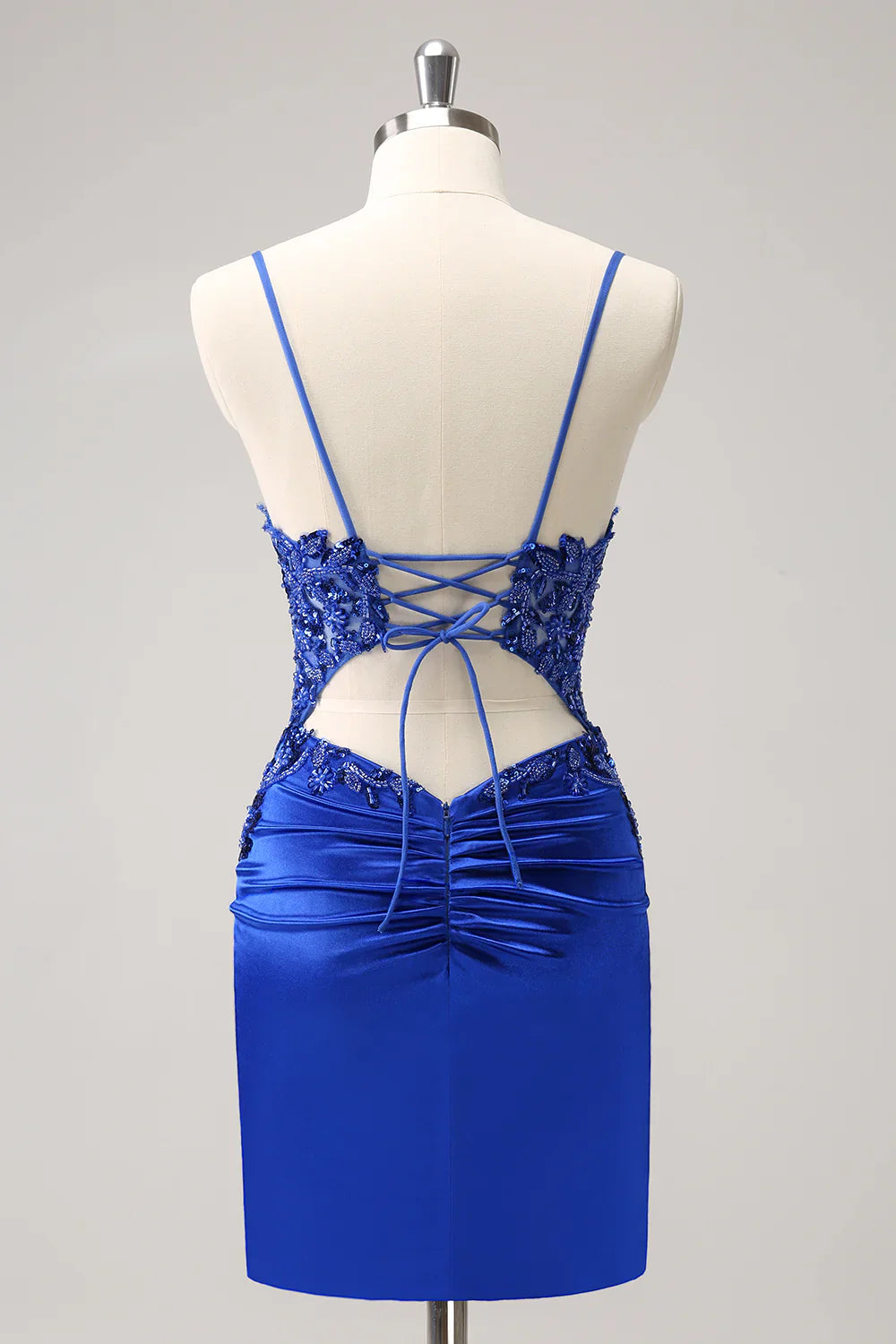 omberprom Short Homecoming Dress Royal Blue Tight Ruched Lace Up Back with Beading