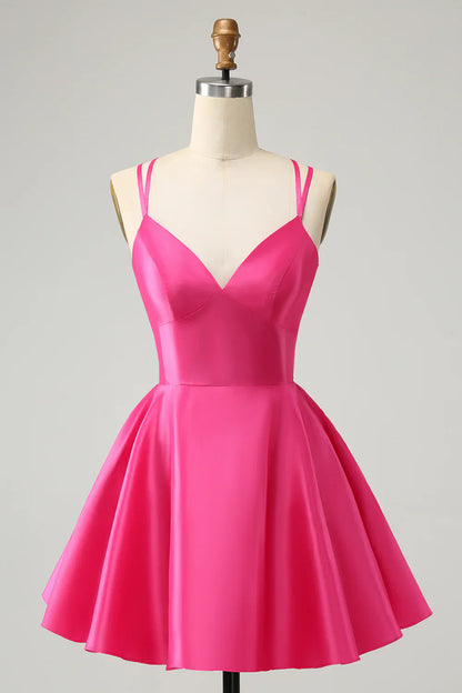 omberprom A Line Homecoming Dress Spaghetti Straps Backless Graduation Dress Simple Party Dress