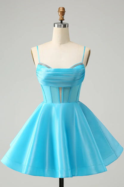 omberprom A Line Homecoming Dress Blue Spaghetti Straps Corset Short with Beading