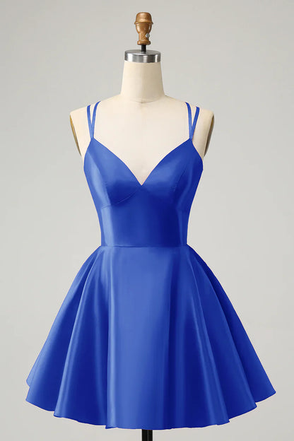 omberprom A Line Homecoming Dress Spaghetti Straps Backless Graduation Dress Simple Party Dress