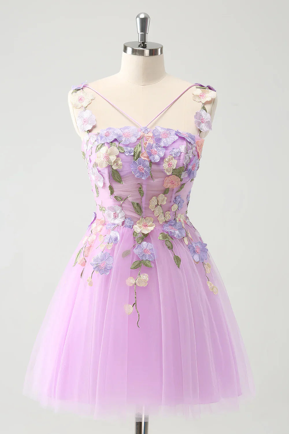 omberprom A Line Homecoming Dress Gorgeous Purple Spaghetti Straps Short with 3D Flowers