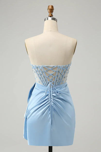 omberprom Blue Homecoming Dress Bodycon Sweetheart Pleated Corset with Beading Stylish