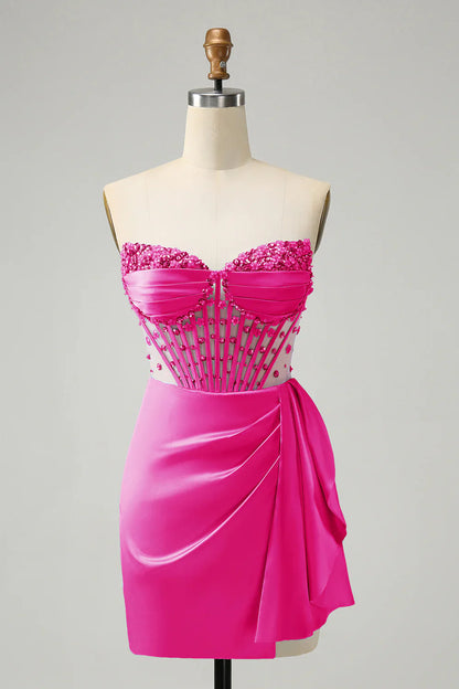 omberprom Blue Homecoming Dress Bodycon Sweetheart Pleated Corset with Beading Stylish