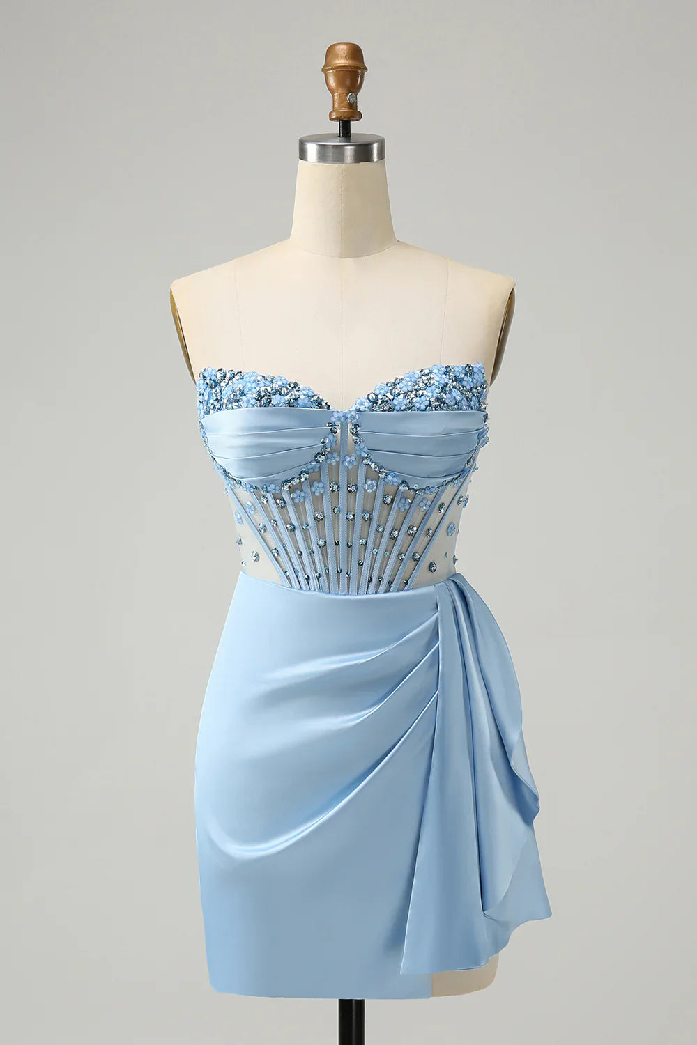 omberprom Blue Homecoming Dress Bodycon Sweetheart Pleated Corset with Beading Stylish