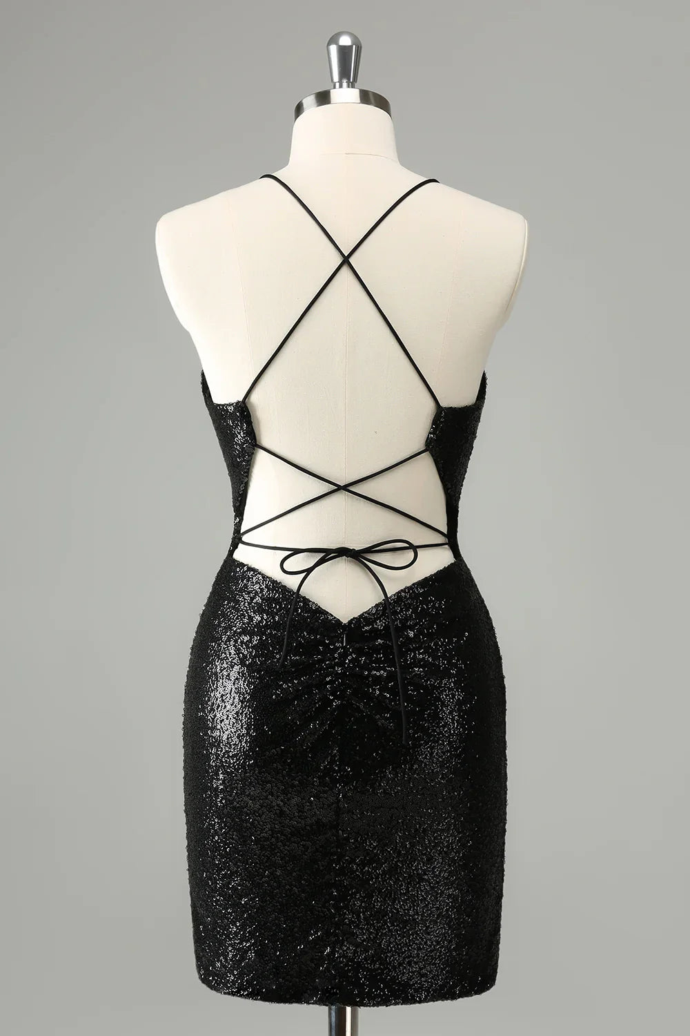 omberprom Homecoming Dress Black Bodycon Spaghetti Straps Sequins with Lace-up Back
