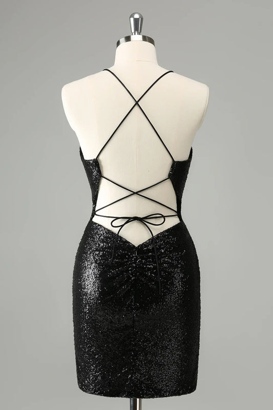 omberprom Homecoming Dress Black Bodycon Spaghetti Straps Sequins with Lace-up Back