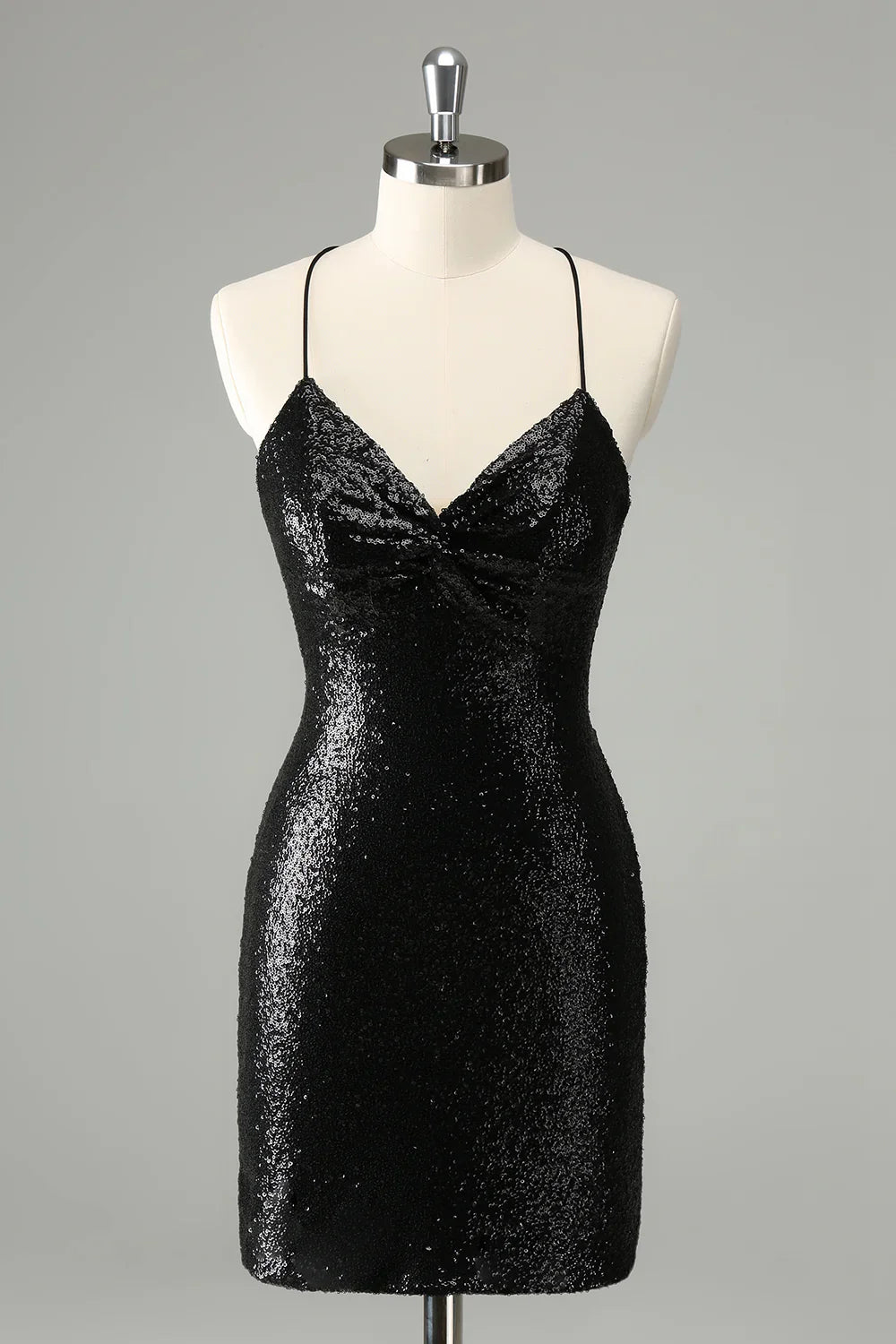 omberprom Homecoming Dress Black Bodycon Spaghetti Straps Sequins with Lace-up Back