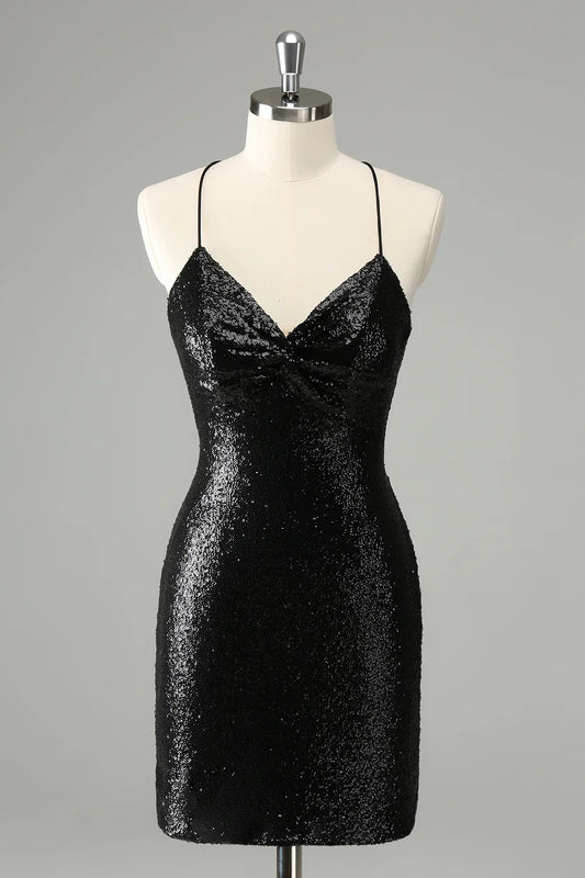 omberprom Homecoming Dress Black Bodycon Spaghetti Straps Sequins with Lace-up Back