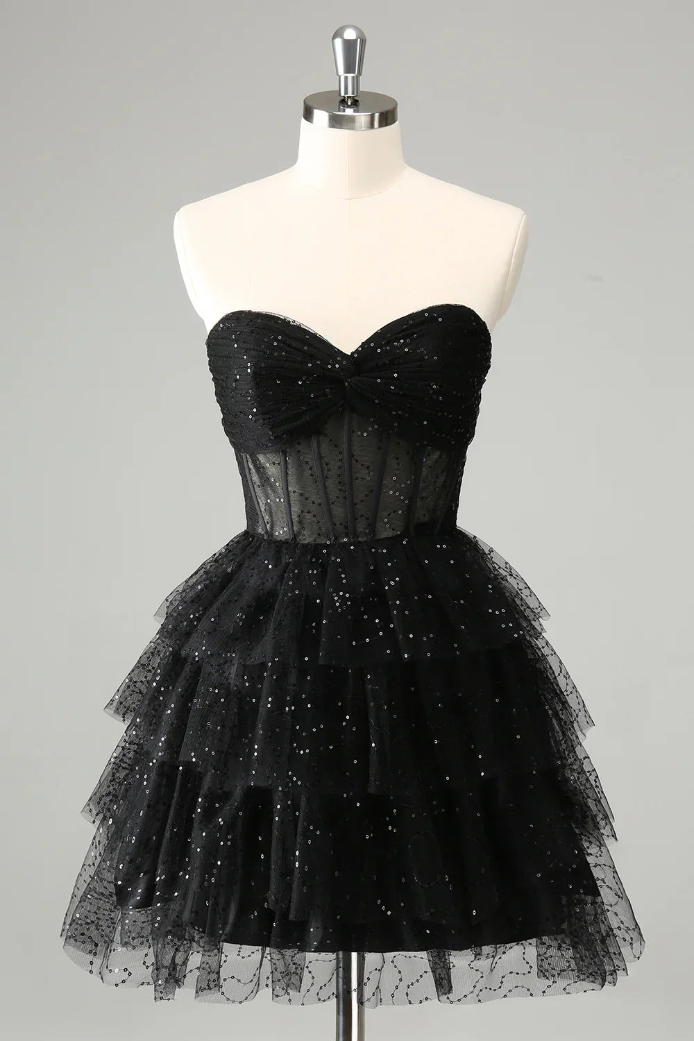 omberprom Cute A Line Strapless Homecoming Dress Sparkly Black Sweetheart Pleated Corset with Sequins