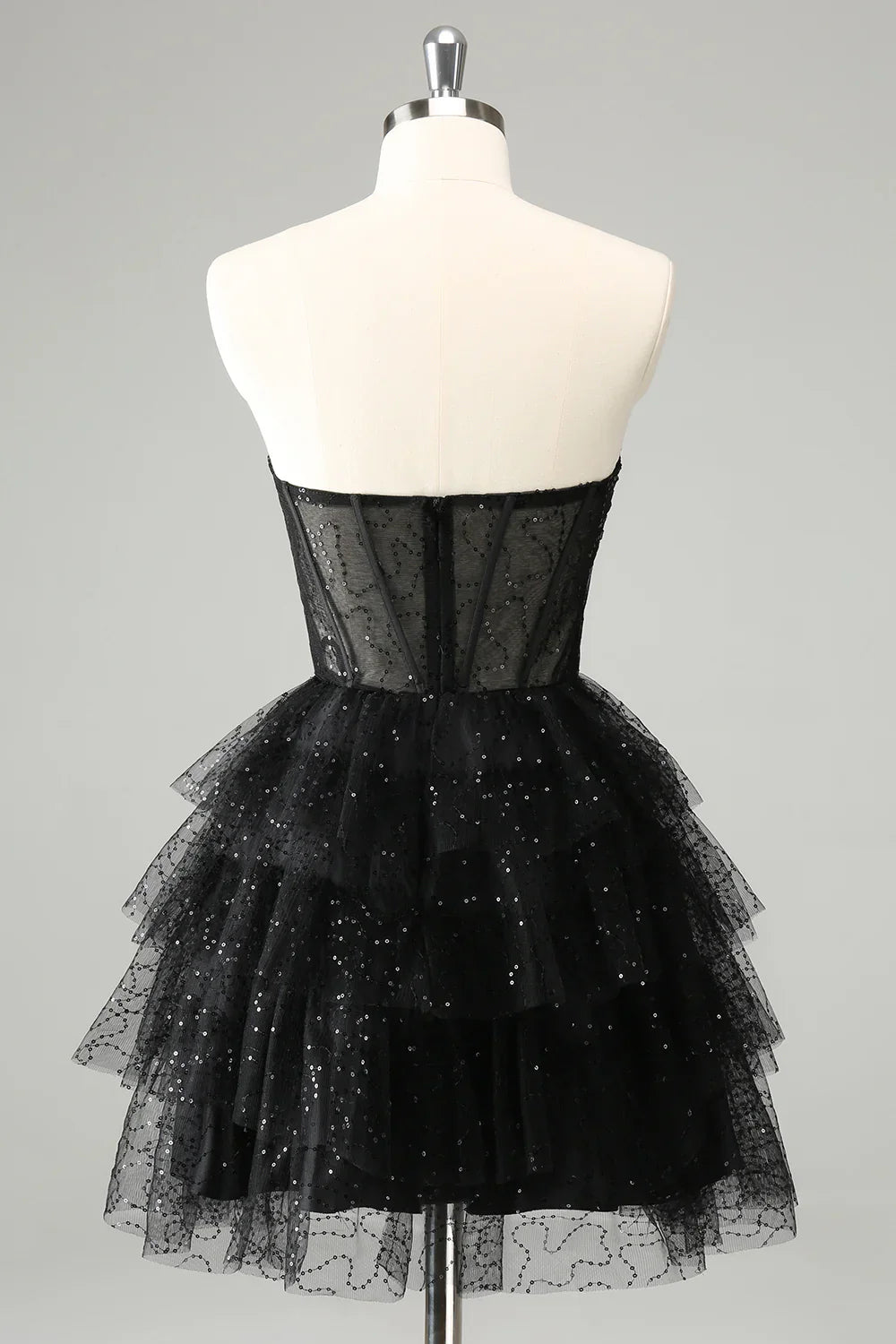 omberprom Cute A Line Strapless Homecoming Dress Sparkly Black Sweetheart Pleated Corset with Sequins