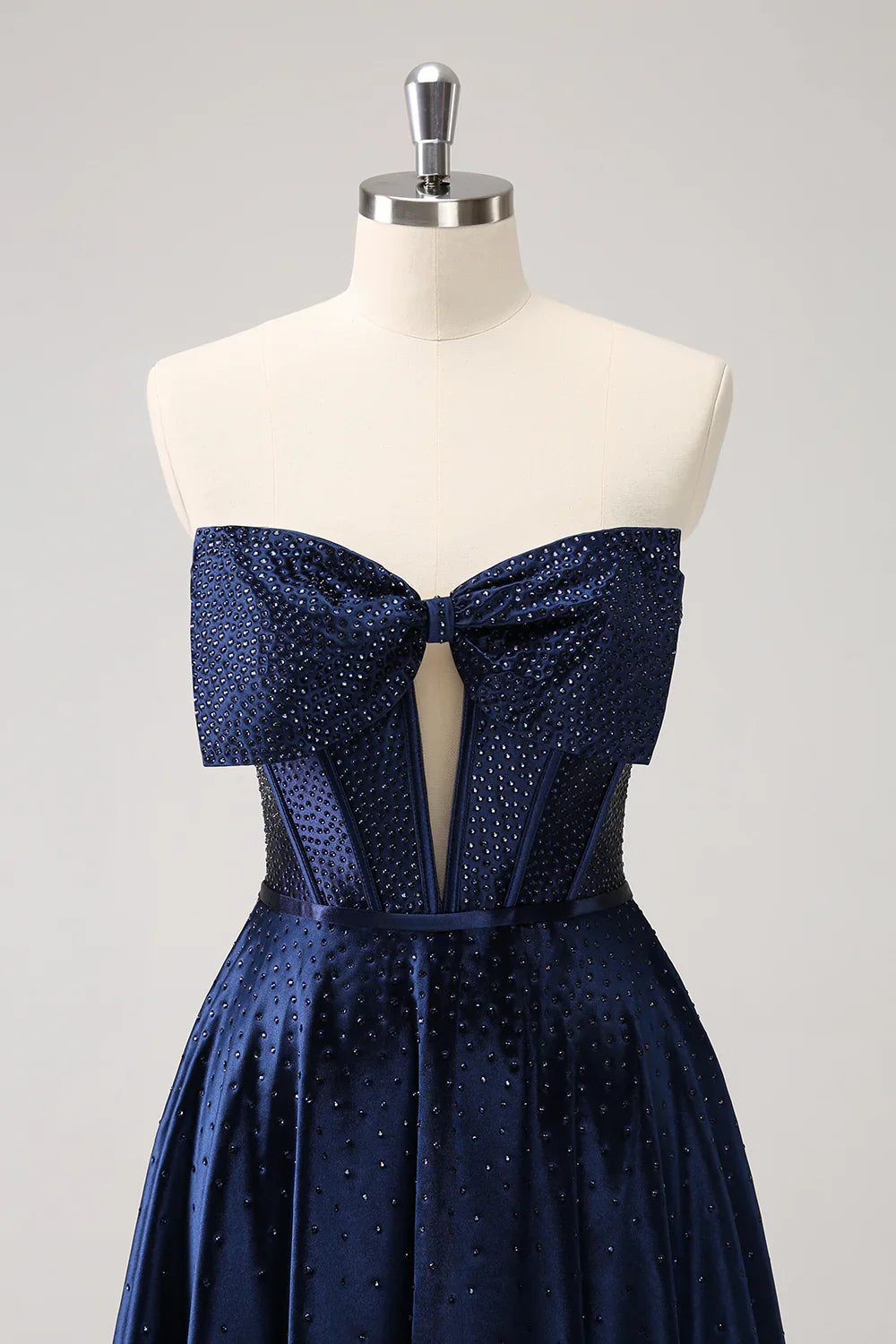 omberprom Cute Homecoming Dress Navy A Line Strapless Hollow Out Corset Beaded with Bow