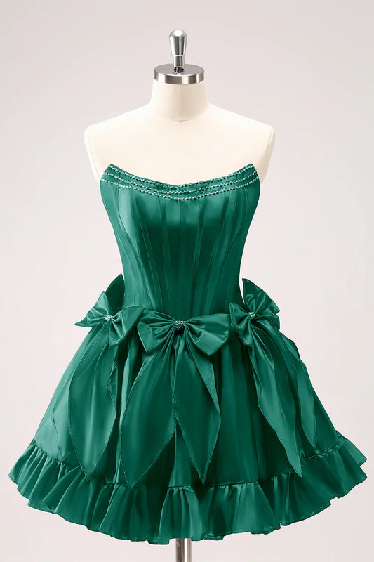 omberprom A Line Graduation Dresses Strapless Ruffle Beaded Cute Fuchsia Homecoming Dress with Bows