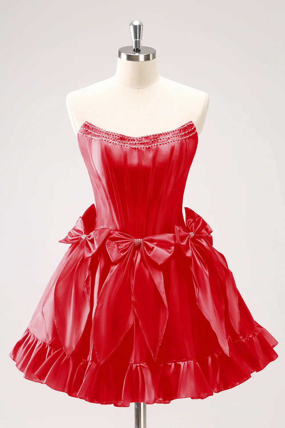 omberprom A Line Graduation Dresses Strapless Ruffle Beaded Cute Fuchsia Homecoming Dress with Bows