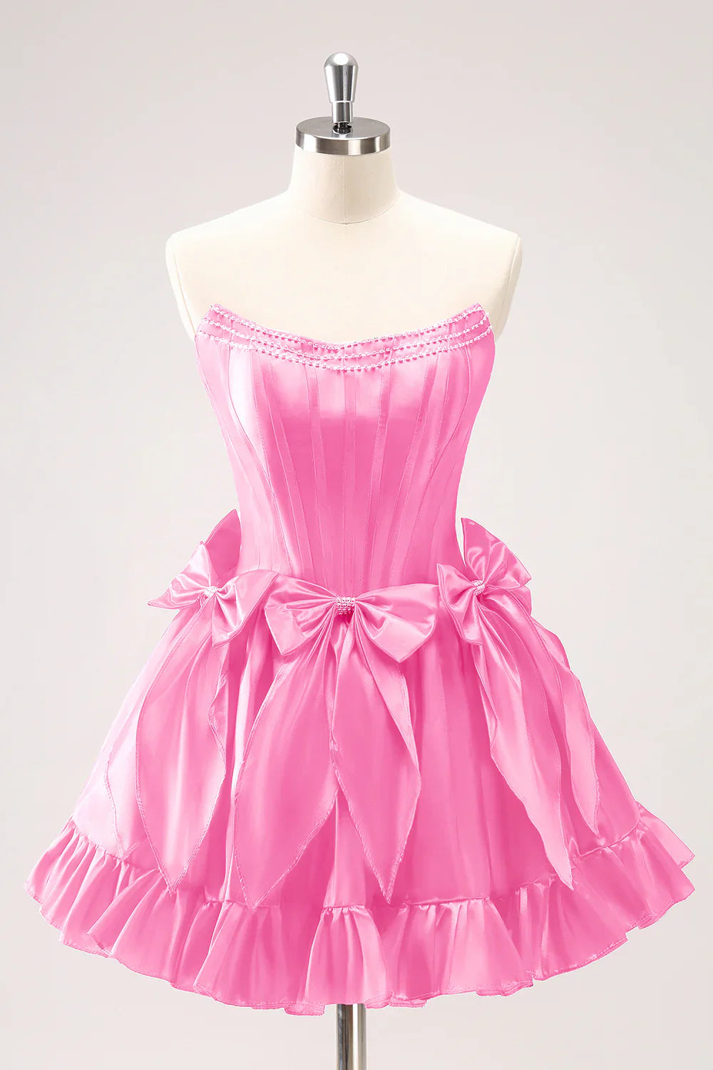 omberprom A Line Graduation Dresses Strapless Ruffle Beaded Cute Fuchsia Homecoming Dress with Bows