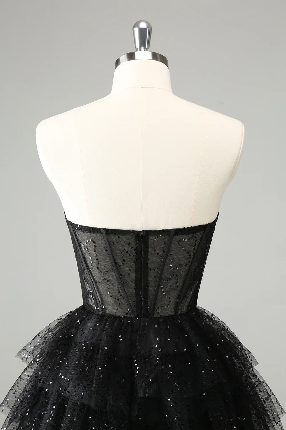 omberprom Cute A Line Strapless Homecoming Dress Sparkly Black Sweetheart Pleated Corset with Sequins