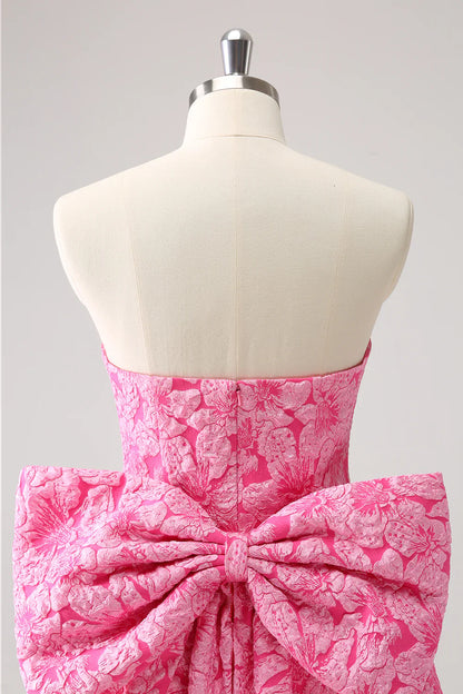 omberprom Cute Hot Pink Short Homecoming Dress A Line Strapless Print with Bow