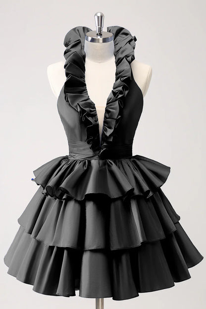 omberprom Cute Homecoming Dress Royal Blue A Line Halter Tiered Backless with Ruffles