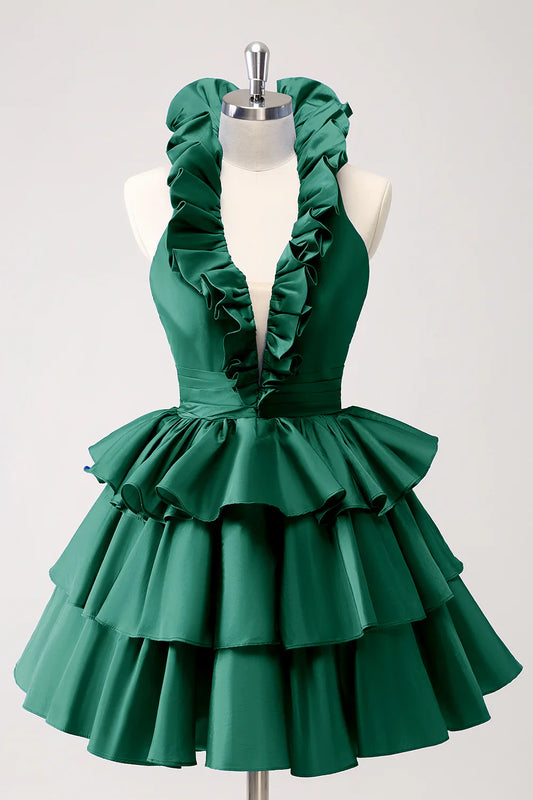 omberprom Cute Homecoming Dress Royal Blue A Line Halter Tiered Backless with Ruffles