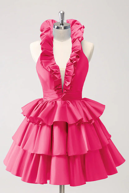 omberprom Cute Homecoming Dress Royal Blue A Line Halter Tiered Backless with Ruffles
